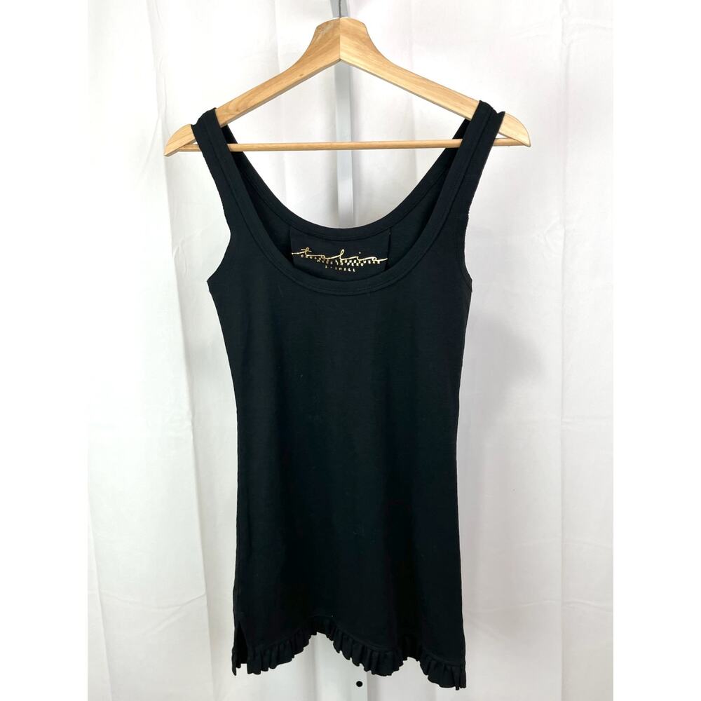 TALIA XS Organic Loungewear Tank Top Ruffle Hem Sleeveless Scoop Cotton Black